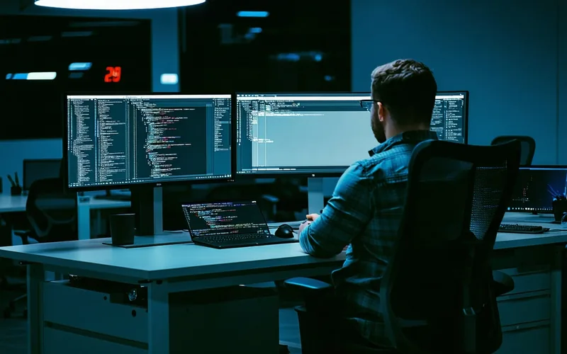 Engineering team in a payments technology company reviewing code on monitors