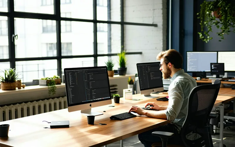 Small developer tooling team in a modern office space, working at standing desks