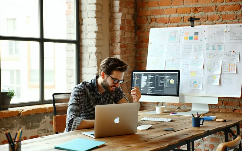 Small startup engineering team in a minimalist loft office, startup atmosphere